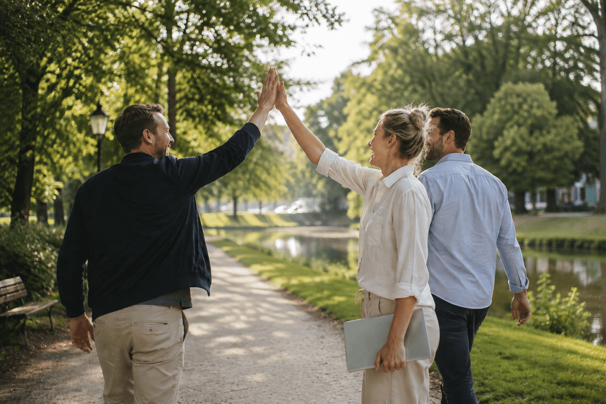 Drie collega's high-fiven tijdens een wandeling langs een gracht