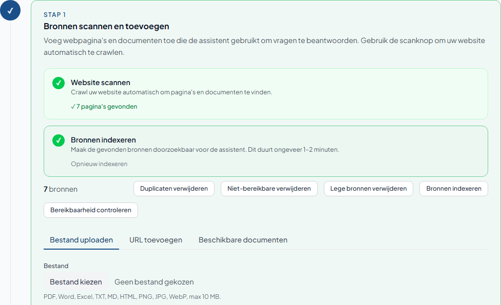 Schermafbeelding van bronbeheer in het PubliekChat-beheerpaneel: alle bronnen zijn gescand en geïndexeerd, met een overzicht van de toegevoegde bronnen.
