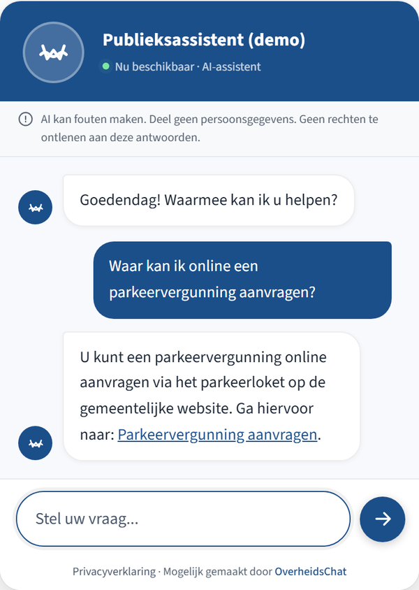 Schermafbeelding van de widget die een antwoord geeft met een directe verwijzing naar het brondocument.
