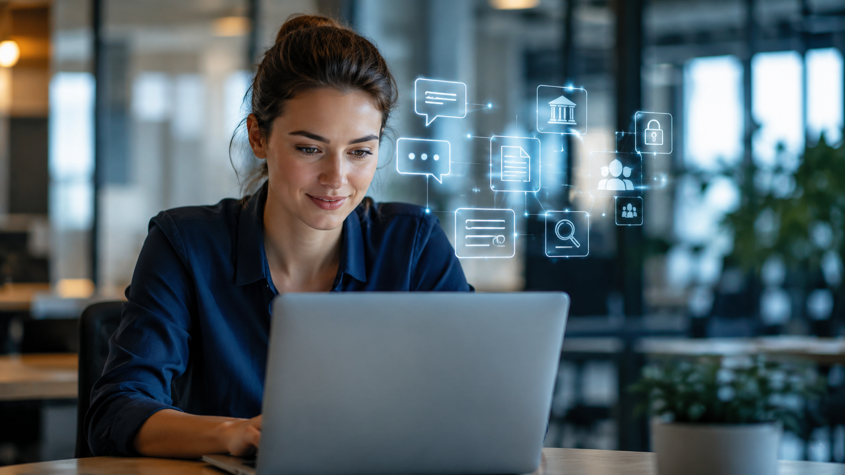 Beleidsmedewerker werkt met AI-ondersteunde tools voor communicatie, documentbeheer en gegevensbeveiliging