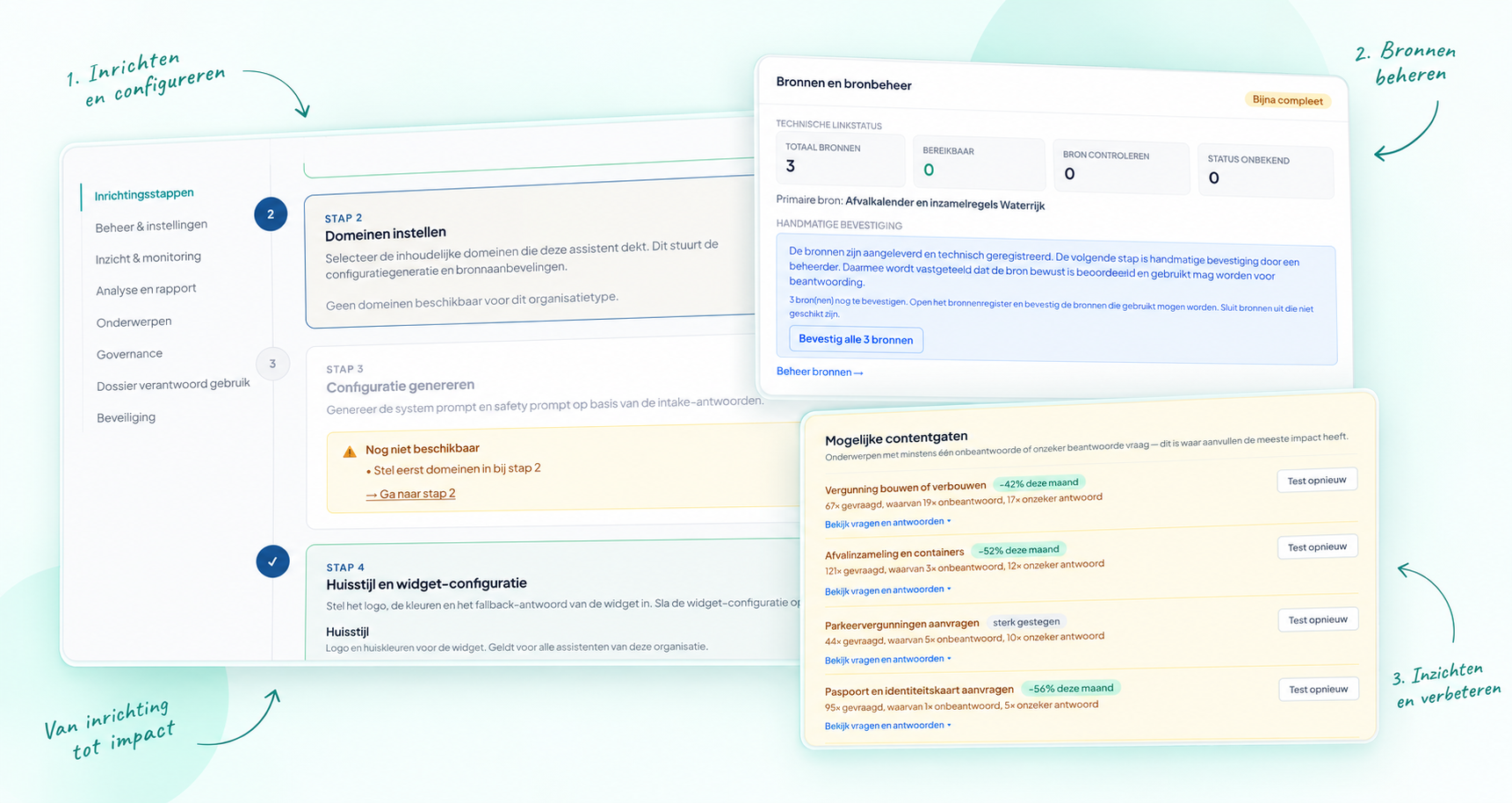 Laptop met een schermweergave van de PubliekChat-handleiding, met de stappen Aan de slag, Bronnen beheren, Testen en Publiceren