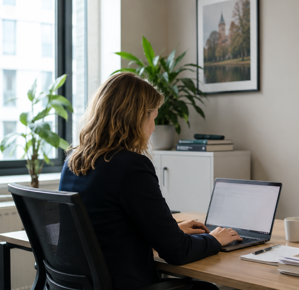 Een medewerker werkt achter een laptop op kantoor, met uitzicht op planten en een raam.